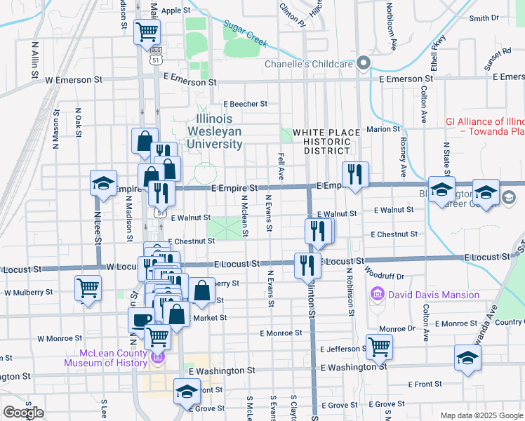 map of restaurants, bars, coffee shops, grocery stores, and more near 908 North Evans Street in Bloomington