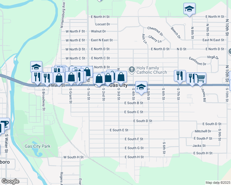 map of restaurants, bars, coffee shops, grocery stores, and more near 120S North 3rd Street in Gas City