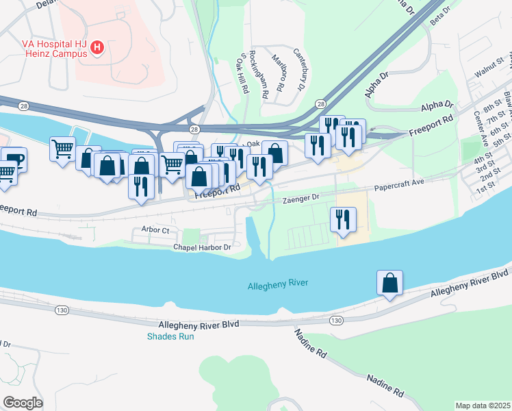 map of restaurants, bars, coffee shops, grocery stores, and more near Chapel Harbor in Pittsburgh