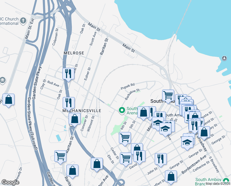 map of restaurants, bars, coffee shops, grocery stores, and more near 7 Jasko Court in South Amboy