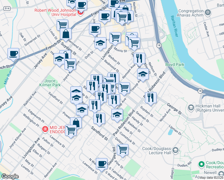 map of restaurants, bars, coffee shops, grocery stores, and more near 146 Seaman Street in New Brunswick