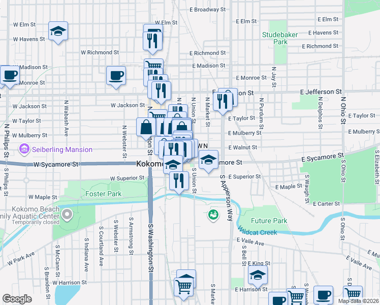 map of restaurants, bars, coffee shops, grocery stores, and more near in Kokomo