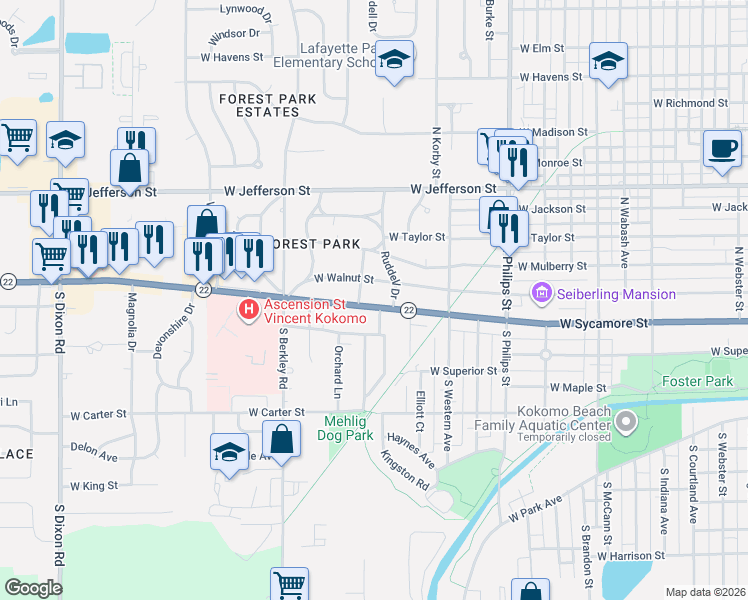 map of restaurants, bars, coffee shops, grocery stores, and more near 1605 West Sycamore Street in Kokomo