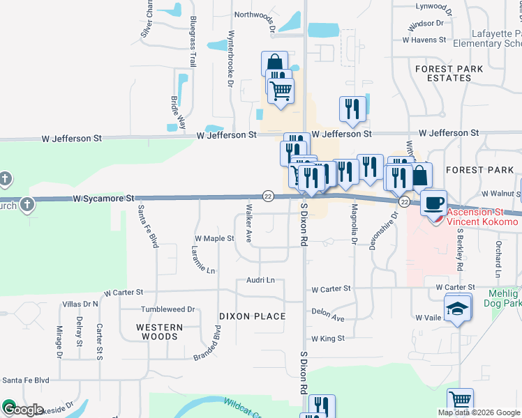 map of restaurants, bars, coffee shops, grocery stores, and more near 218 Inland Drive in Kokomo
