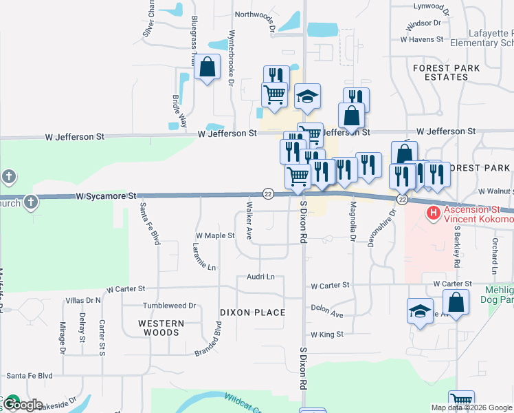 map of restaurants, bars, coffee shops, grocery stores, and more near 218 Inland Drive in Kokomo
