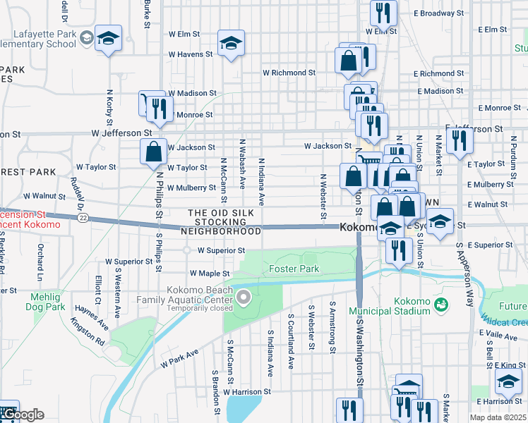 map of restaurants, bars, coffee shops, grocery stores, and more near 719 West Walnut Street in Kokomo