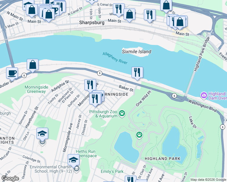 map of restaurants, bars, coffee shops, grocery stores, and more near in Pittsburgh