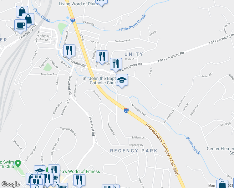 map of restaurants, bars, coffee shops, grocery stores, and more near 1080 Millers Lane in Pittsburgh