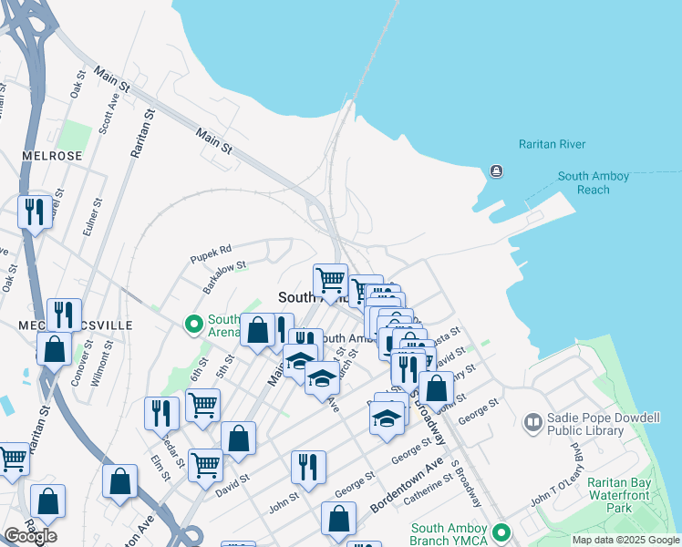 map of restaurants, bars, coffee shops, grocery stores, and more near 165 Main Street in South Amboy