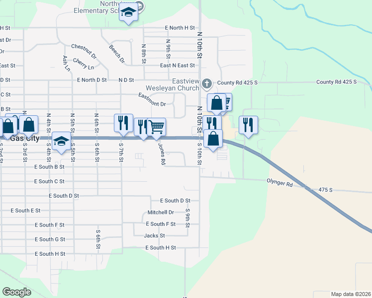map of restaurants, bars, coffee shops, grocery stores, and more near 926 Oak Drive in Gas City