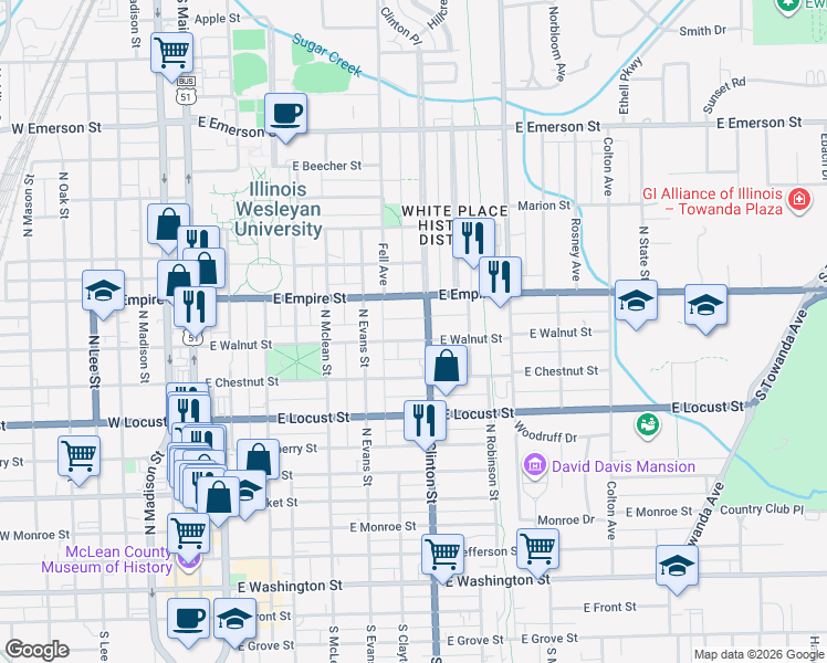 map of restaurants, bars, coffee shops, grocery stores, and more near 618 East Walnut Street in Bloomington