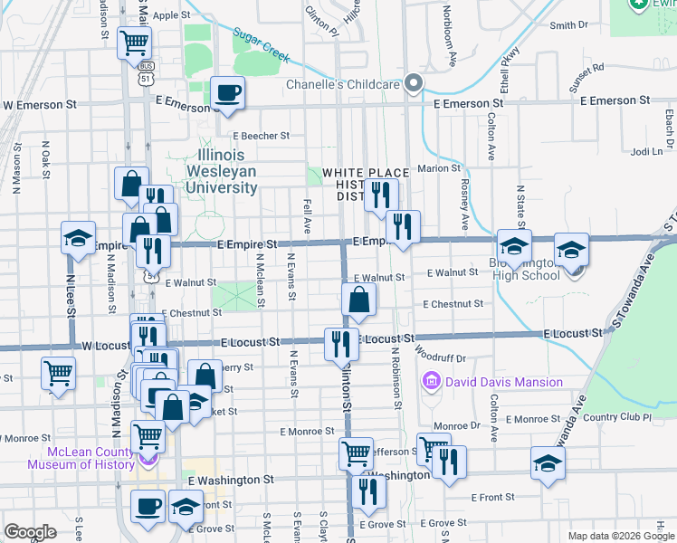 map of restaurants, bars, coffee shops, grocery stores, and more near 703 East Walnut Street in Bloomington