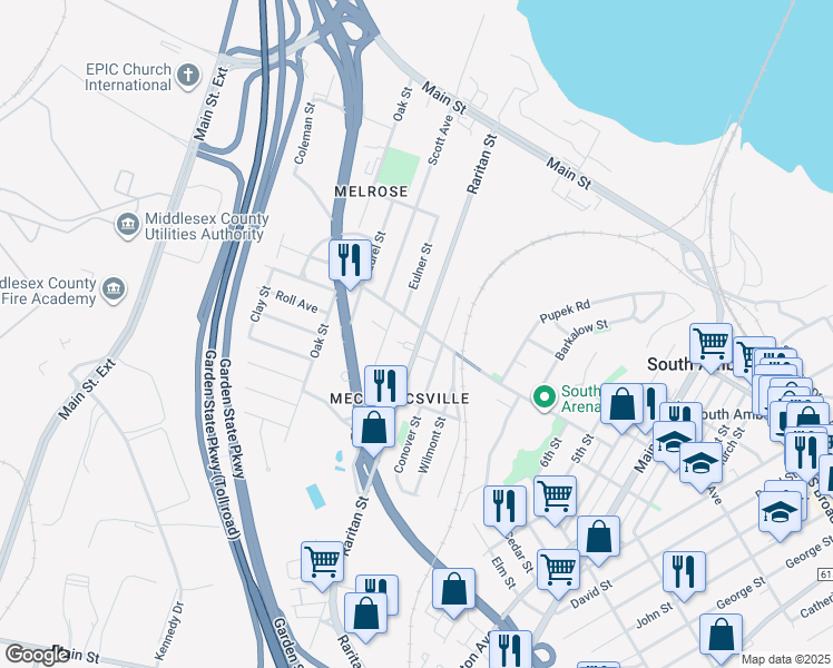 map of restaurants, bars, coffee shops, grocery stores, and more near 532 Ridgeway Avenue in South Amboy