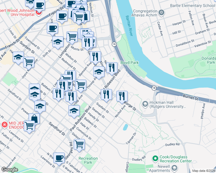 map of restaurants, bars, coffee shops, grocery stores, and more near 81 Bishop Street in New Brunswick