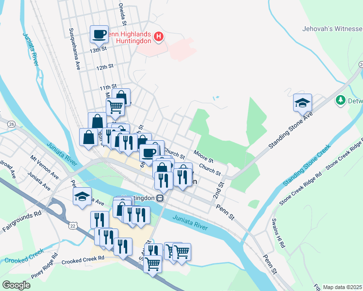 map of restaurants, bars, coffee shops, grocery stores, and more near 422 Church Street in Huntingdon