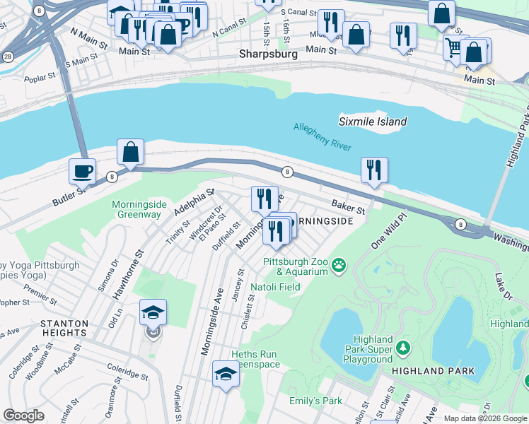 map of restaurants, bars, coffee shops, grocery stores, and more near 1821 Jancey Street in Pittsburgh