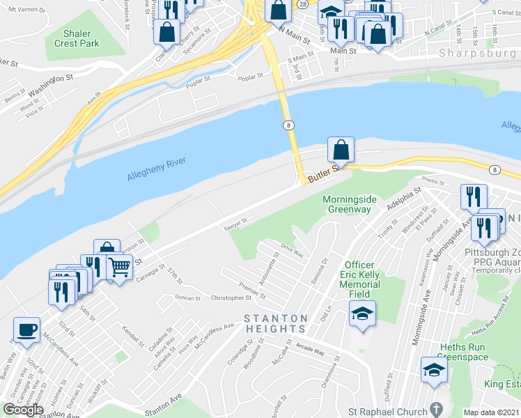 map of restaurants, bars, coffee shops, grocery stores, and more near 6068 Butler Street in Pittsburgh