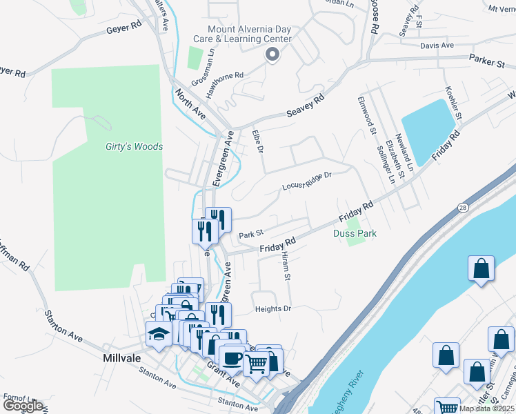 map of restaurants, bars, coffee shops, grocery stores, and more near 117 Park Street in Pittsburgh