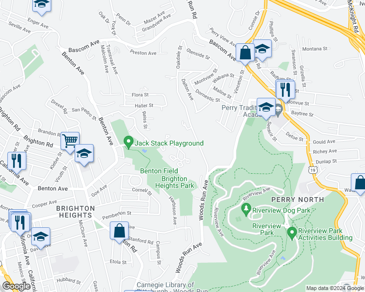 map of restaurants, bars, coffee shops, grocery stores, and more near 299 Squire Circle in Pittsburgh