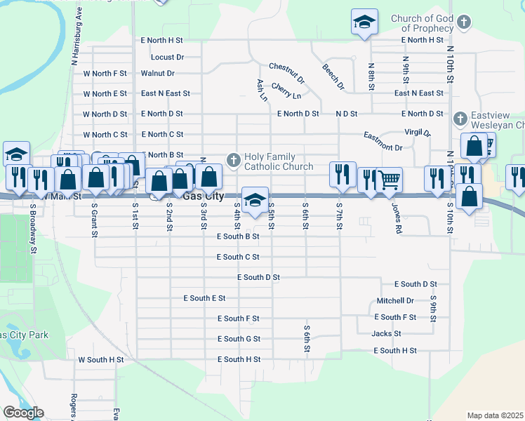map of restaurants, bars, coffee shops, grocery stores, and more near 417 East South B Street in Gas City