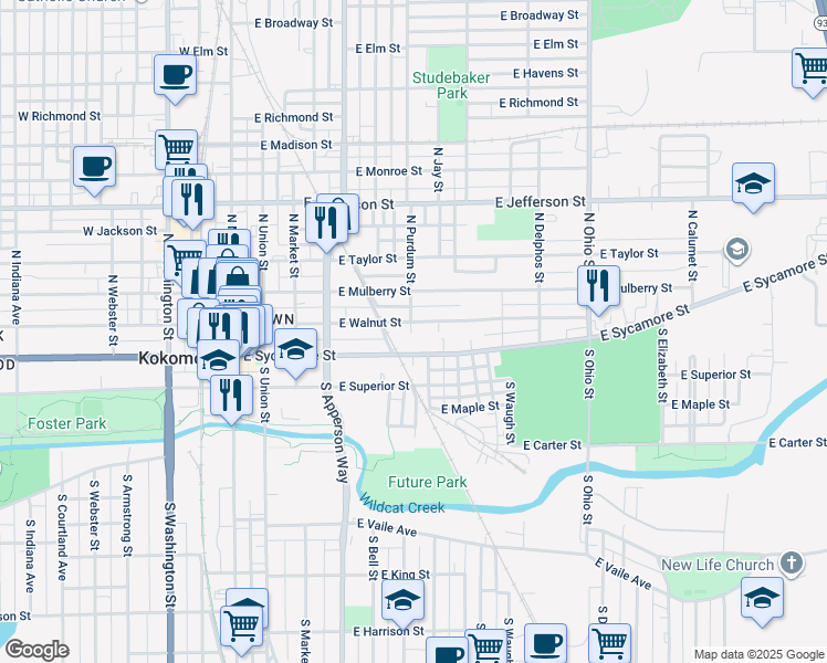 map of restaurants, bars, coffee shops, grocery stores, and more near 707 East Sycamore Street in Kokomo