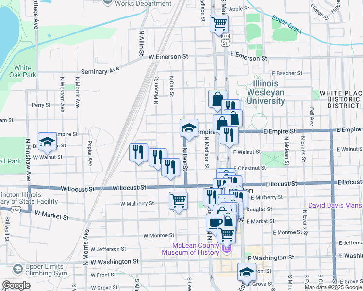 map of restaurants, bars, coffee shops, grocery stores, and more near 812 North Lee Street in Bloomington