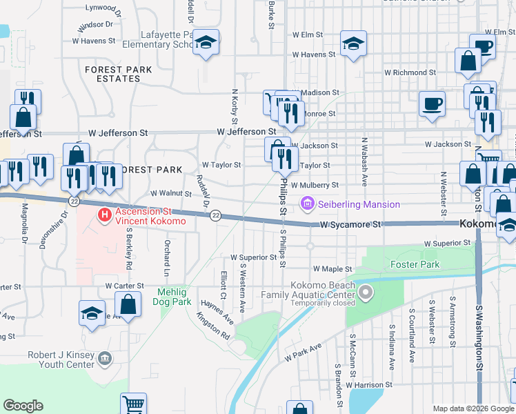 map of restaurants, bars, coffee shops, grocery stores, and more near 1423 West Sycamore Street in Kokomo