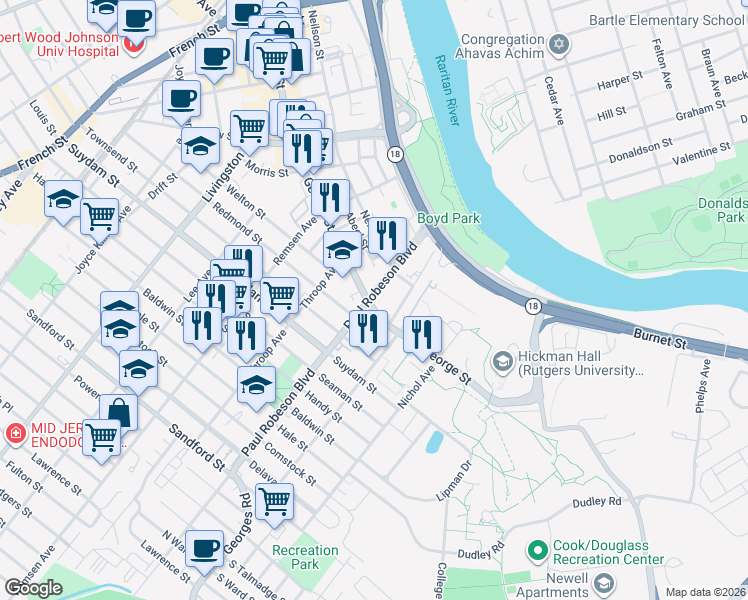 map of restaurants, bars, coffee shops, grocery stores, and more near 81 Bishop Street in New Brunswick