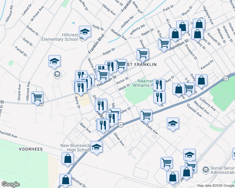 map of restaurants, bars, coffee shops, grocery stores, and more near 34 Parkside Street in Franklin Township