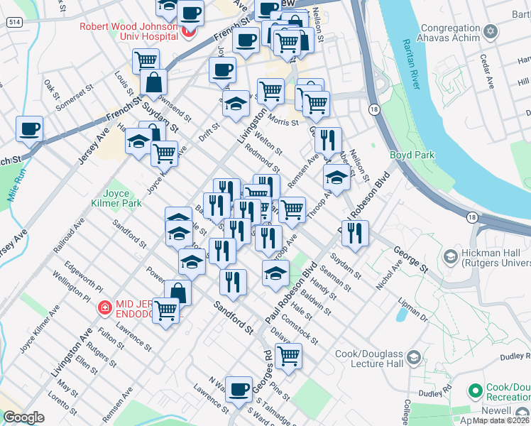 map of restaurants, bars, coffee shops, grocery stores, and more near 91 Remsen Avenue in New Brunswick