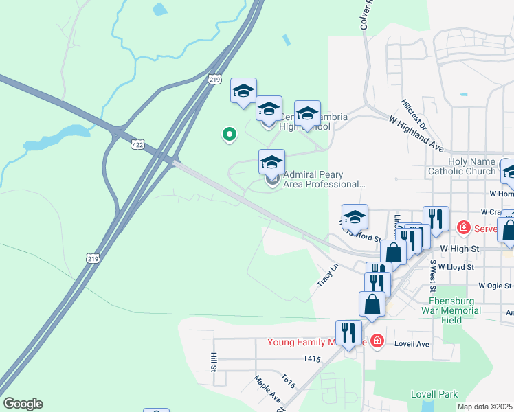 map of restaurants, bars, coffee shops, grocery stores, and more near 948 Benjamin Franklin Highway in Ebensburg