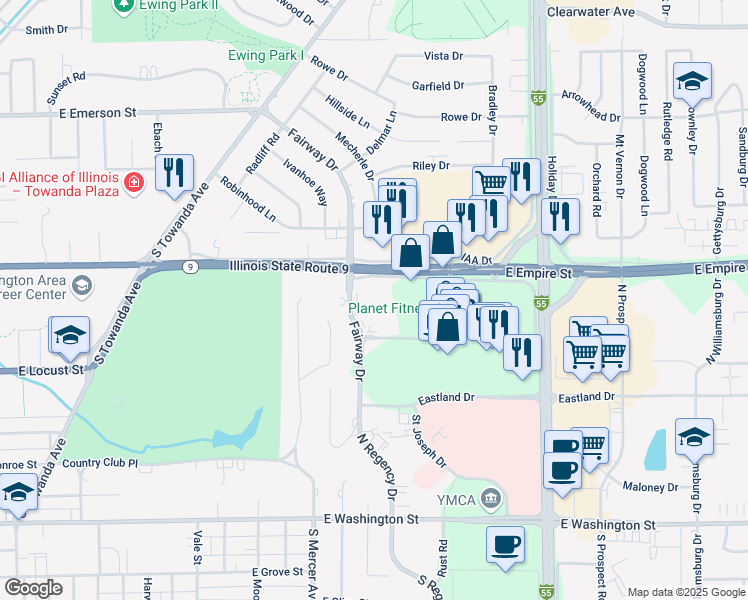 map of restaurants, bars, coffee shops, grocery stores, and more near 1511 East Empire Street in Bloomington