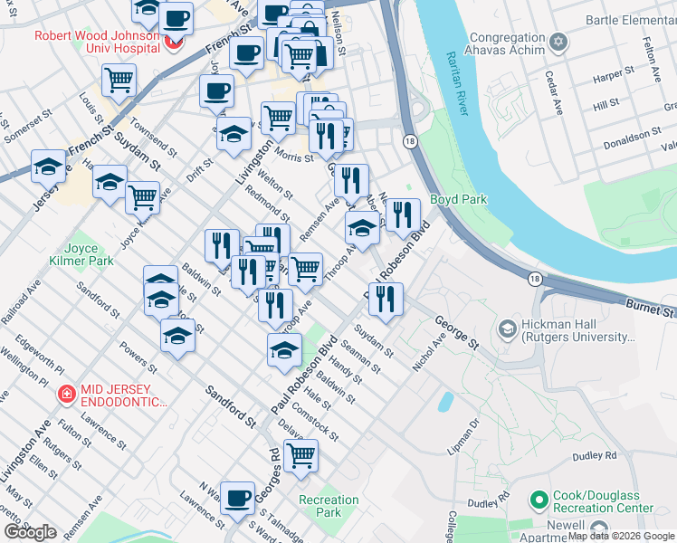 map of restaurants, bars, coffee shops, grocery stores, and more near 27 Throop Avenue in New Brunswick