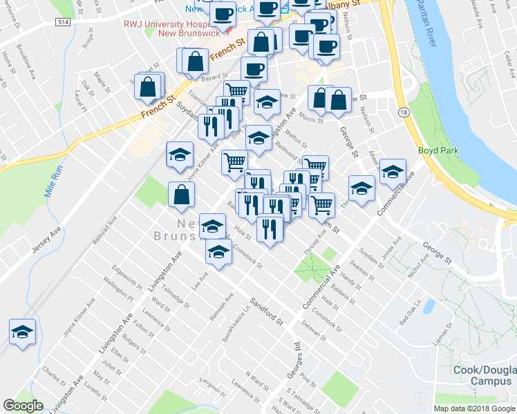 map of restaurants, bars, coffee shops, grocery stores, and more near 85 Lee Avenue in New Brunswick
