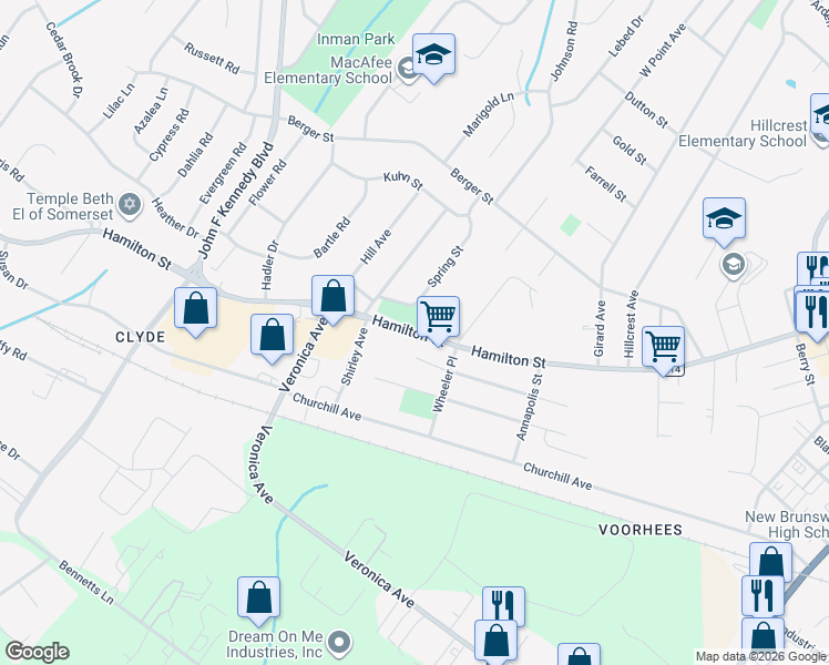 map of restaurants, bars, coffee shops, grocery stores, and more near 13 Spring Street in Franklin Township