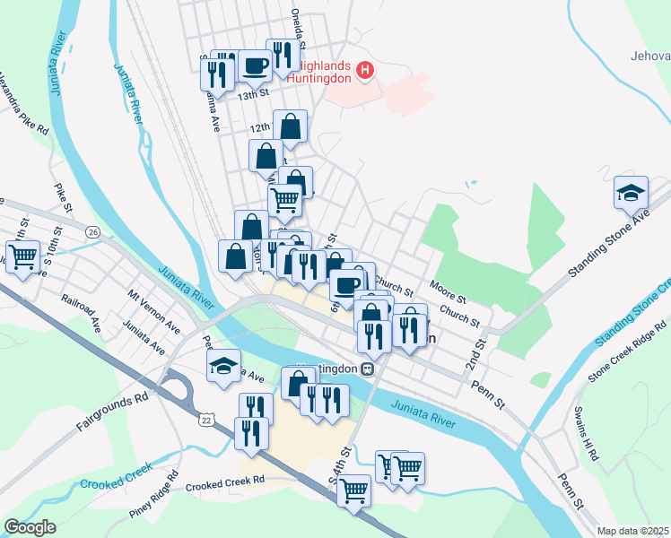 map of restaurants, bars, coffee shops, grocery stores, and more near 508 7th St in Huntingdon