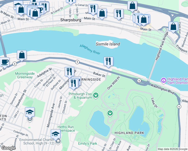 map of restaurants, bars, coffee shops, grocery stores, and more near 7209 Ballard Way in Pittsburgh
