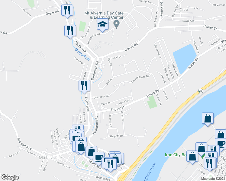 map of restaurants, bars, coffee shops, grocery stores, and more near 105 Dorf Drive in Pittsburgh
