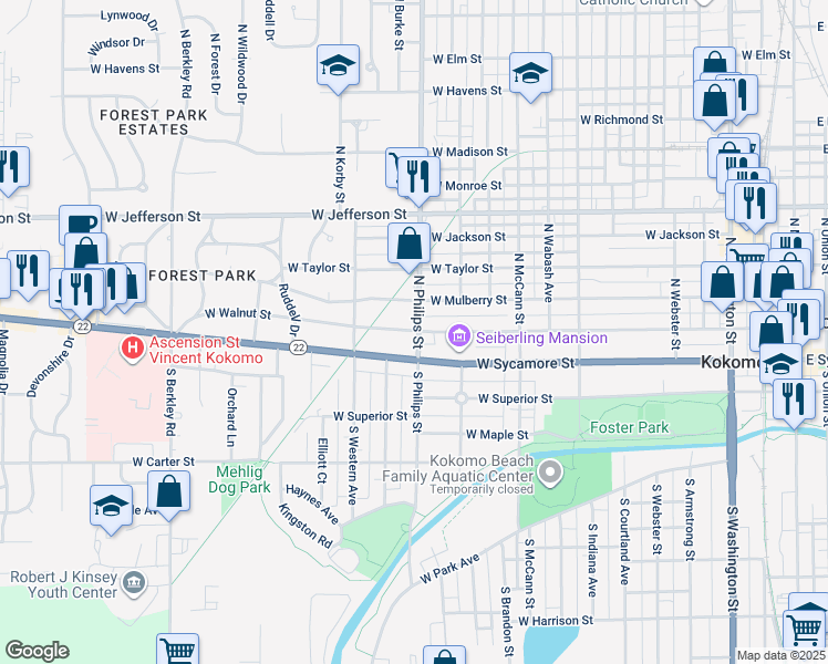 map of restaurants, bars, coffee shops, grocery stores, and more near 1301 West Mulberry Street in Kokomo