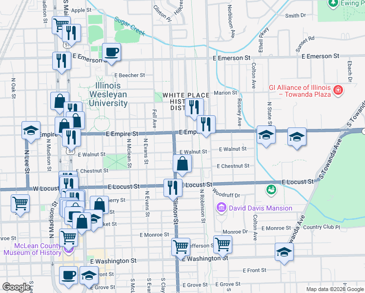map of restaurants, bars, coffee shops, grocery stores, and more near 1009 North Clinton Street in Bloomington