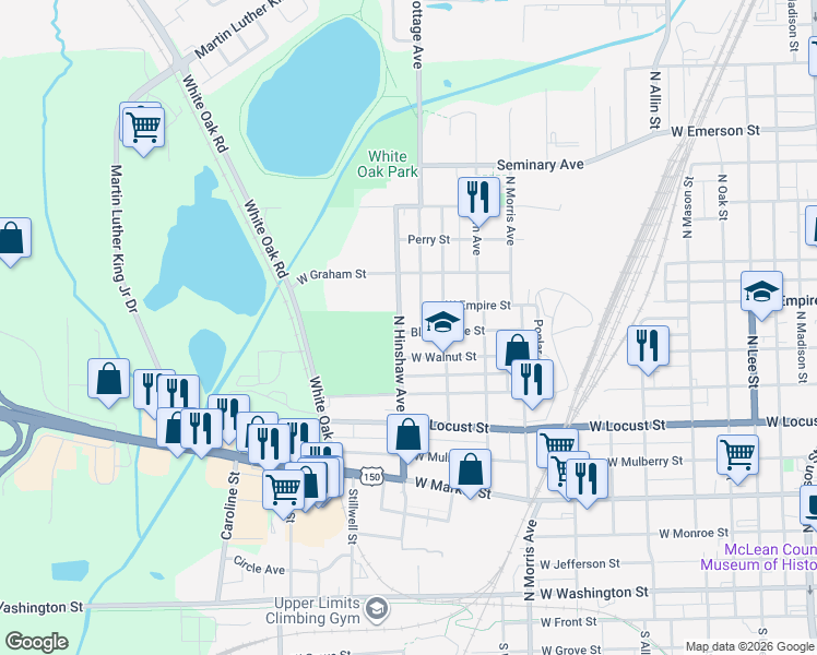 map of restaurants, bars, coffee shops, grocery stores, and more near 1101 North Hinshaw Avenue in Bloomington