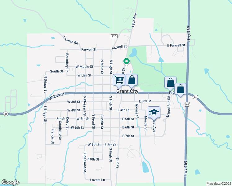 map of restaurants, bars, coffee shops, grocery stores, and more near Missouri 46 in Grant City
