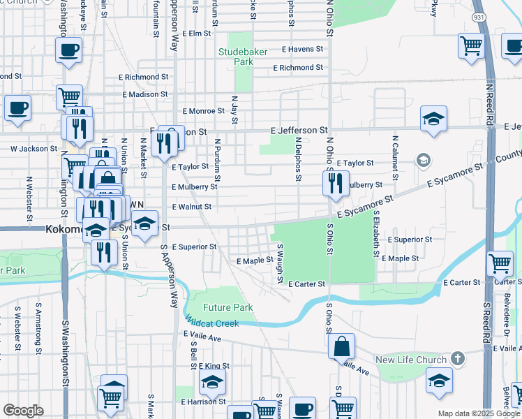 map of restaurants, bars, coffee shops, grocery stores, and more near 911 East Walnut Street in Kokomo
