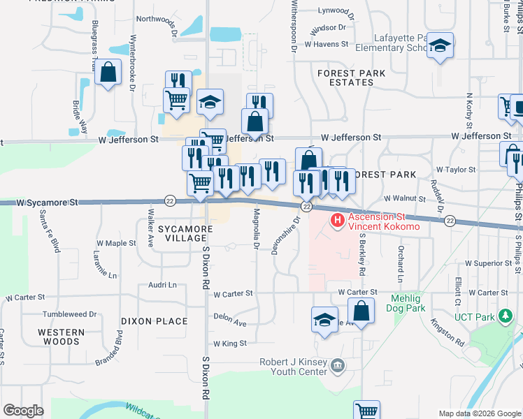 map of restaurants, bars, coffee shops, grocery stores, and more near 2206-2208 W Sycamore St in Kokomo