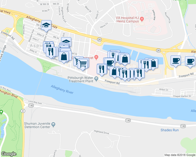 map of restaurants, bars, coffee shops, grocery stores, and more near 715 Freeport Road in Pittsburgh