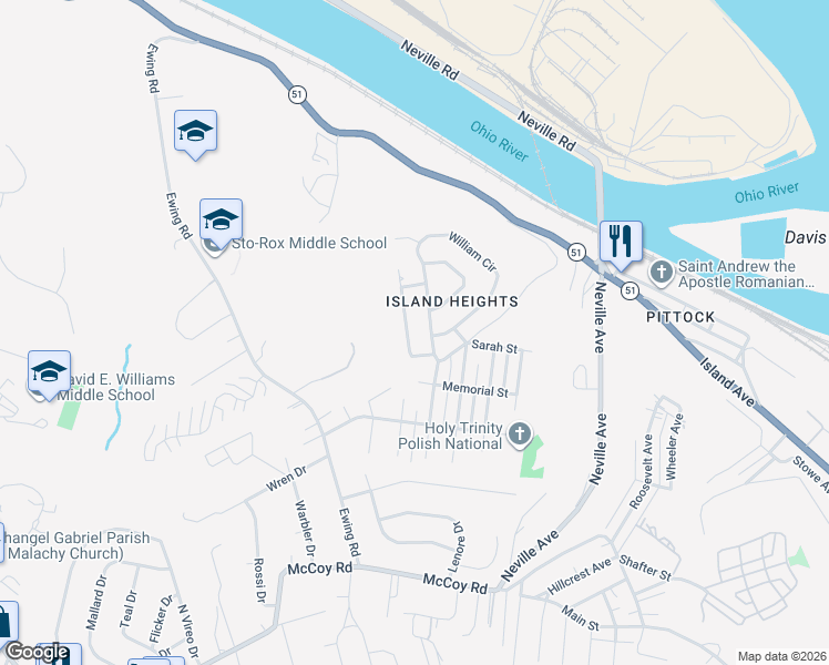 map of restaurants, bars, coffee shops, grocery stores, and more near 115 William Circle in McKees Rocks