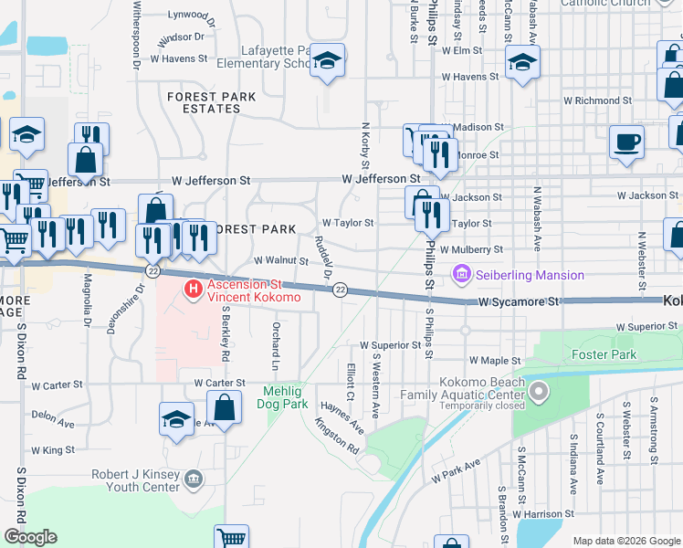 map of restaurants, bars, coffee shops, grocery stores, and more near 1541 West Mulberry Street in Kokomo