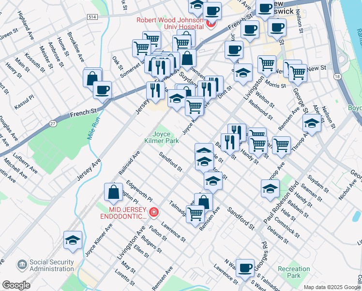 map of restaurants, bars, coffee shops, grocery stores, and more near 280 Comstock Street in New Brunswick
