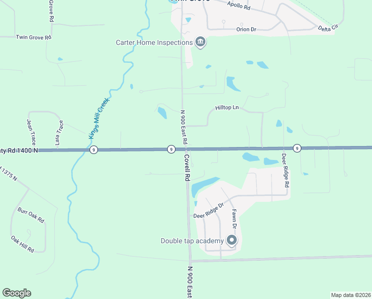 map of restaurants, bars, coffee shops, grocery stores, and more near County Road 1400 North in Bloomington