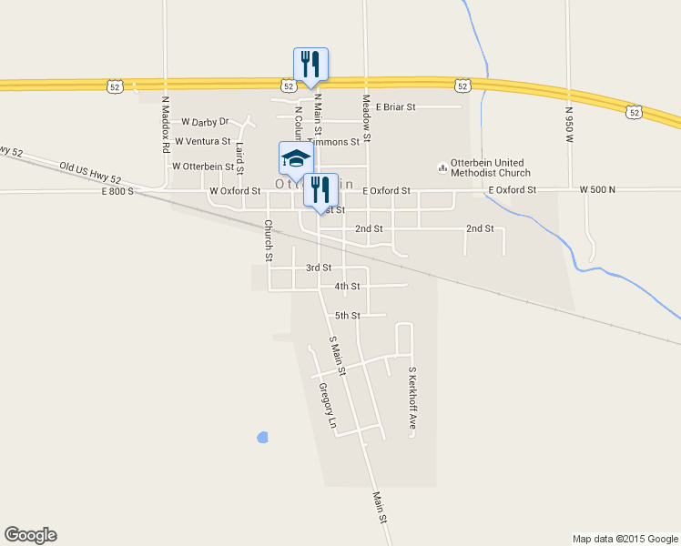 map of restaurants, bars, coffee shops, grocery stores, and more near 304 South Brown Street in Otterbein